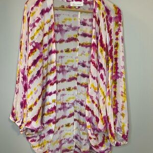 Anthropologie Pink and Yellow Patterned tie dyed cocoon Kimono